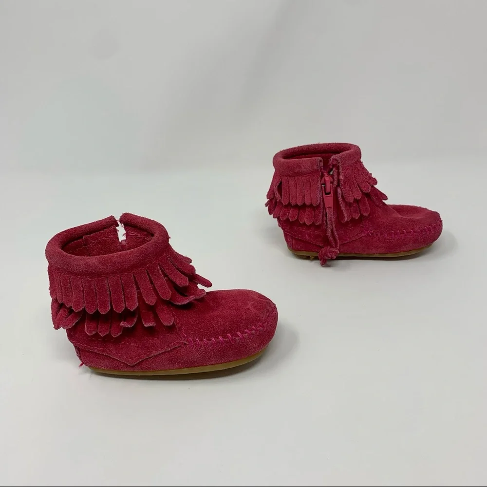 Minnetonka Baby Girls Hot Pink Suede Double Fringe Moccasin Boots Shoes Size 2